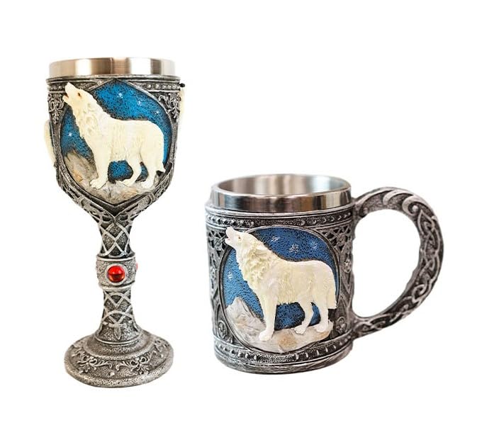 Ebros Gift Celtic Magic Knotwork Direwolf White Snow Wolf Howling By Mountain Starry Night Sky Beverage Drinkware Serveware With Stainless Steel Cup Liner Figurine (Wine Goblet And Coffee Mug Set)