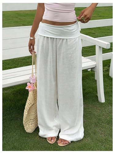 Women's Wide Leg Linen Pants Low Rise Foldover Casual Lounge Pants Vacation Trousers2