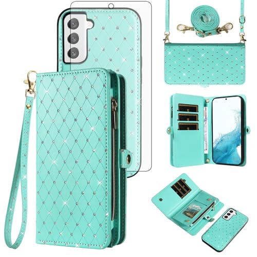 Coque portefeuille Samsung S22 avec bandoulière pailletée pour sorties et soirées