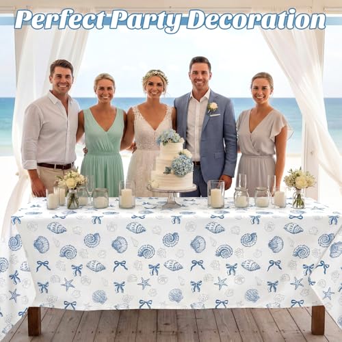Image of Chumia 2 Pcs Coastal Tablecloth White and Blue Bachelorette Tablecloth Disposable Plastic Waterproof Table Covers Dinner Party Setting Floral Wedding Bridal Home Party(Rectangle Shell)