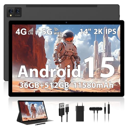 WOREGOO 14 Pulgadas Android 15 Tablet, 5G WiFi y 4G LTE Touch, 36GB RAM + 512GB ROM (1TB TF), Octa Core/Pantalla 2000 * 1200FHD 2K/BT5.0/13MP + 8MP/11580mAh/GPS con Funda y Stylus, Negro