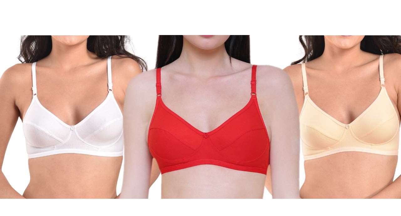 Women's Cotton Non-Padded Full Coverage Everyday Bra Pack of 3 (White, Red, Beige_38B)