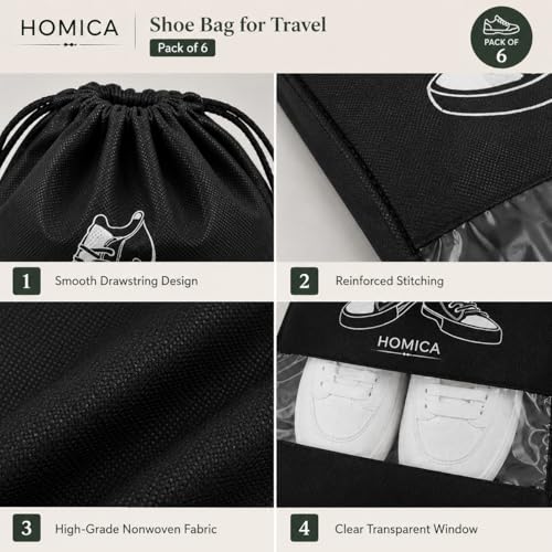 Image of Shoe Bags for Travel, Non-Woven Pouches with Transparent Window, Reusable Storage Organiser for Gym, Luggage, Wardrobe, Black, (Pack of 6)