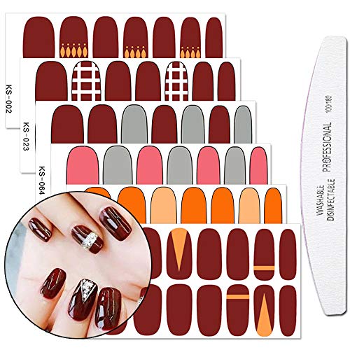 WOKOTO 6 Pieces Lattice Nail Wraps Polish Sticker Tips with 1Pcs Nail File Solid Color Adhesive Nail Art Decal Strips Manicure Accessories