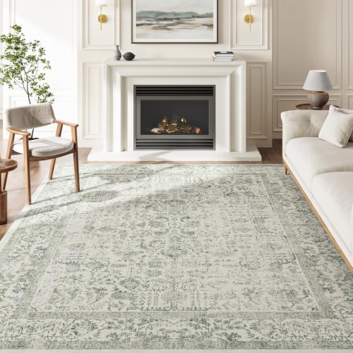 Sage Green Area Rug 9x12 Living Room Washable Carpet Vintage Distressed Non Slip Bedroom Carpet Neutral Low Pile Retro Floral Farmhouse Large Rug Home Office Dining Room Playroom