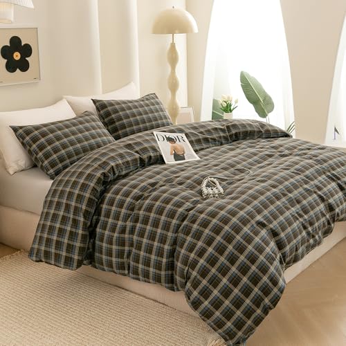 Image of ECOCOTT Buffalo Plaid Duvet Cover Queen Size - 3 Piece Washed Cotton Brown & Blue Bedding Set, Soft & Breathable, Reversible Checkered Design with Zipper Closure & Corner Ties