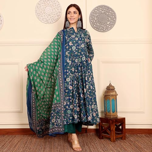 Image of ANNI Designer | Rayon Anarkali Printed Kurta with Pant & Dupatta | Women's Kurta Set with Dupatta Ethnic Suit | Cotton Anarkali Style Kurti Set