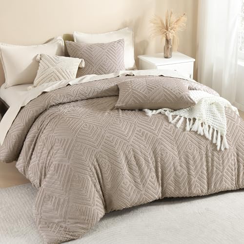 Image of Litanika Super King Plus Comforter Light Coffee, 3 Pieces Tufted Boho Farmhouse Bedding Comforter Set, Lightweight Fluffy All Season Comforter Set (120x128In Comforter & 2 Pillowcases)