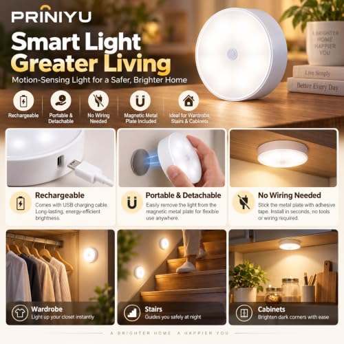 Image of Motion Sensor LED Puck Light Rechargeable Night Lamp Set of 2
