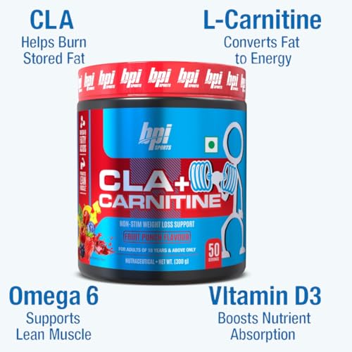 Image of BPI Sports CLA + Carnitine - Conjugated Linoleic Acid - Performance, Lean Muscle - Caffeine Free - For Men & Women - 300 gms- 50 servings - Fruit Punch