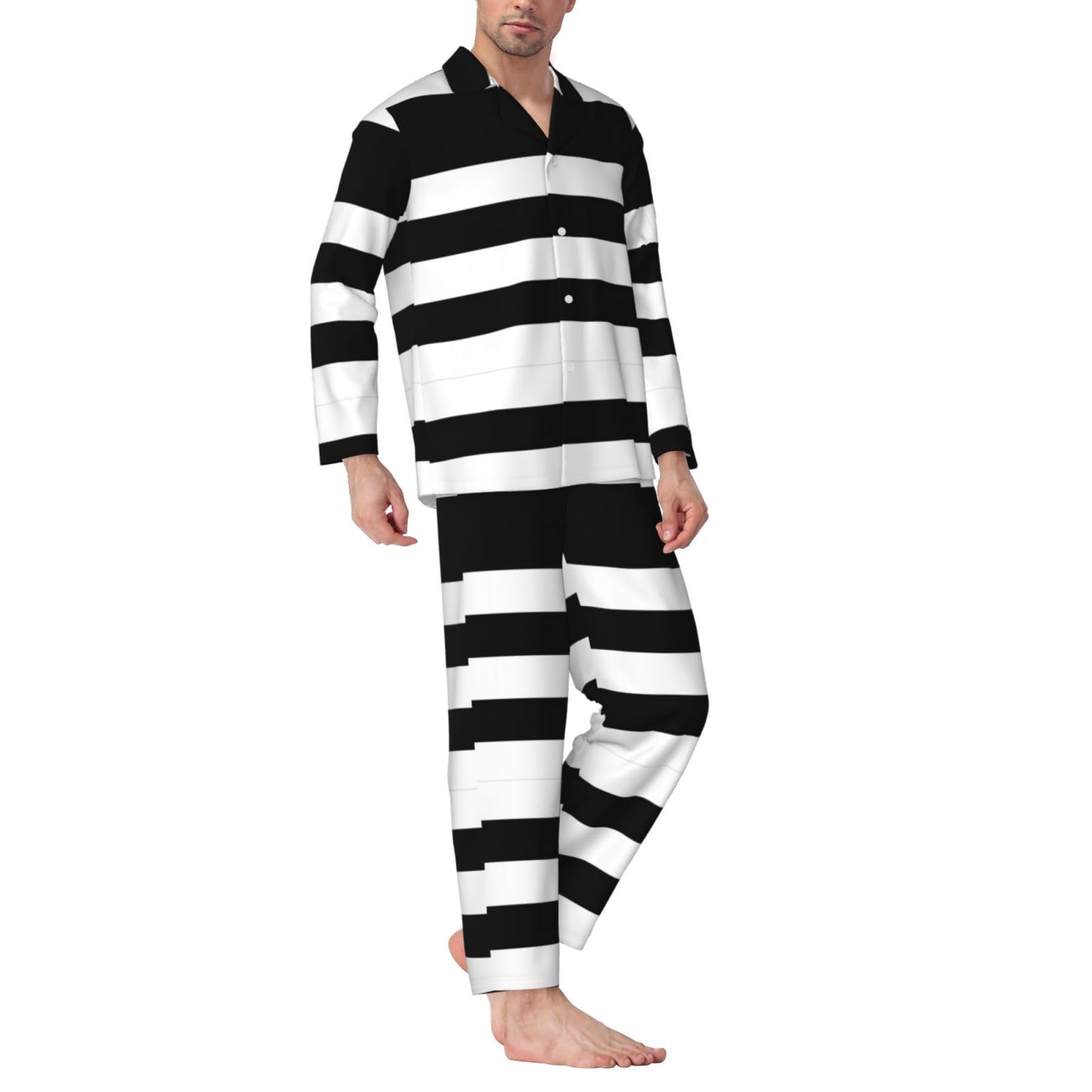 Indumenti durevoli per dormire a righe nere e bianche - Set pigiama da uomo in 2 pezzi - Set pigiama da uomo ideale per tutte le stagioni