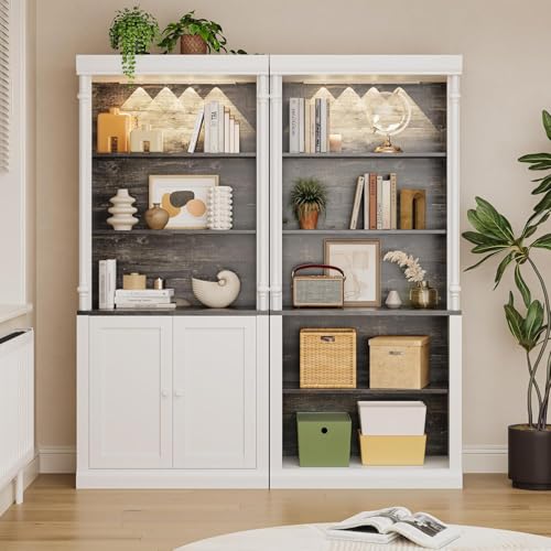 Garvee 71 Inch Tall Storage Bookshelf with 5-Tier Open Shelves, Roman Column Bookshelf with LED Lights, Display Cabinet for Home Office Living Room, White & Grey Grain, with 2 Doors