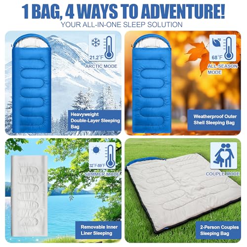 Image of 2-in-1 Detachable Sleeping Bag,Waterproof 4-Season Adult Sleeping Bags w /Removable Cotton Liner - Converts to 2 Lightweight Bags for Camping, Hiking, Travel