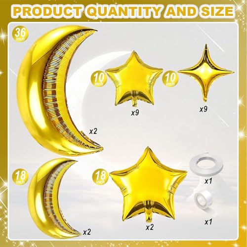 Image of Star and Moon Balloons New Years Balloons 36 Inch Metallic Gold Moon Foil Balloon 18 10 In Gold Star Shaped Balloon for Happy New Year Eve Ramadan Eid Baby Shower Wedding Birthday Party Decor