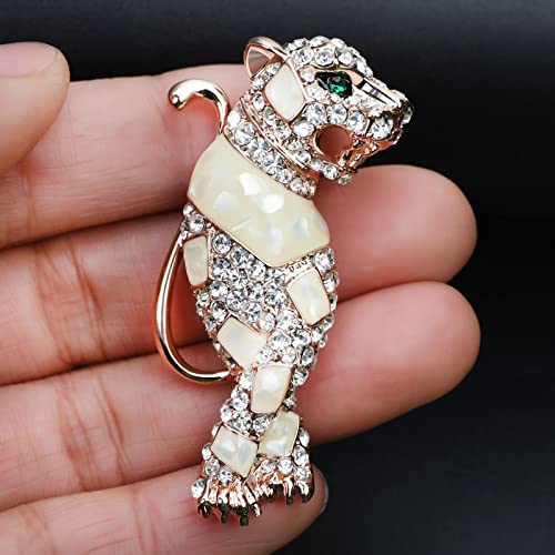 Image of Vintage Crystal Shell Leopard Brooch Lapel Pin Breastpin Rhinestone Animal Jewelry for Men Women