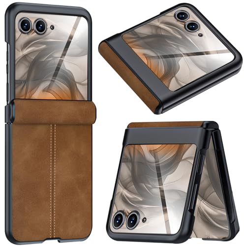 NINKI Leather Case for Motorola Moto Razr 2024/2025 with Hinge,Built-in Screen Protector Slim Shockproof Soft Leather Phone Case for Moto Razr 2024/2025 50/60 Brown