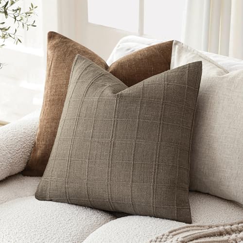 Image of Foindtower Set of 1 Decorative Linen Check Throw Pillow Cover Neutral Farmhouse Vintage Cushion Cover Modern Boho Home Decor for Sofa Chair Couch Bedroom Living Room,20x20 Inch,Light Brown
