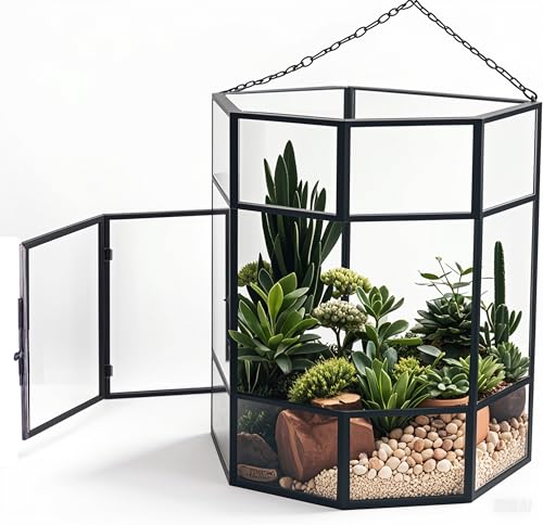 Homtone Hexagonales Glas Terrarium mit Aufhängekette 17x10 cm, Handgefertigte Pflanzen Aufbewahrung aus Messing und gehärtetem Glas, Seitentür für einfache Pflege, Eine Gute Wahl als Geschenk