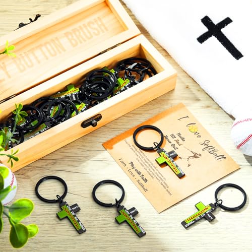 Image of Quelay 24 Sets Football Baseball Softball Christian Cross Keychain with Cards Metal Faith Gift for Teen Athletes