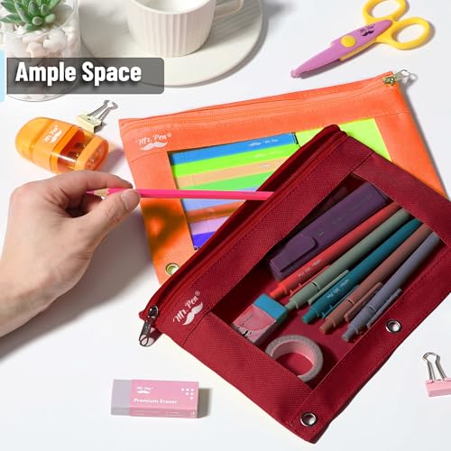 Image of Mr. Pen- Pencil Pouch for 3 Ring Binder, 2 Pack, 10 inchx6.75 inch, Smooth Zipper | Clear Window, Large Capacity Pencil Case with 3 Reinforced Grommets for School, Office, Supplies Storage | Clear Window, Large Capacity Pencil Case with 3 Reinforced Grommets for School, Office, Supplies Storage