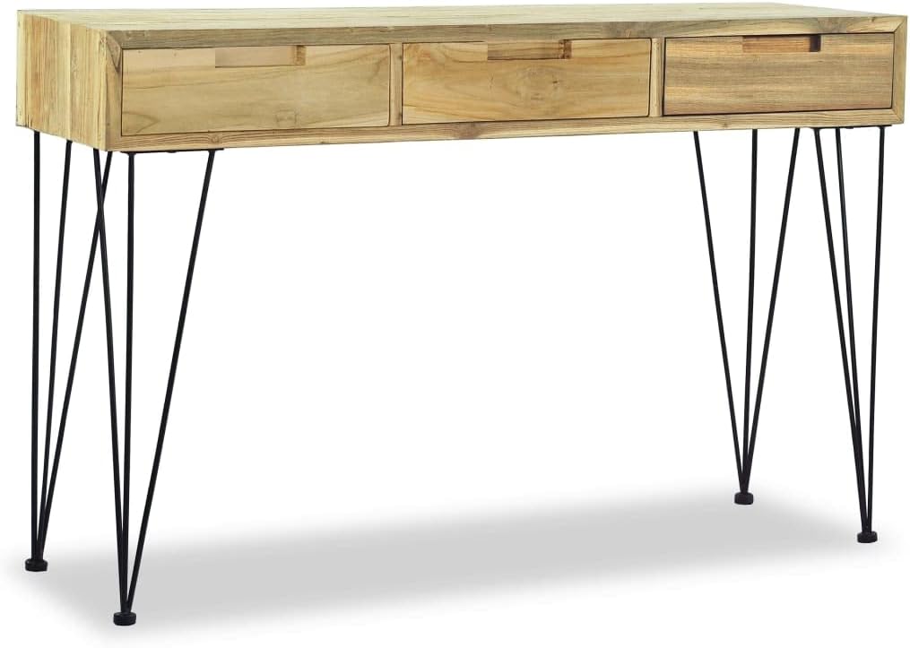 vidaXL Console Table, Entryway Table with Iron Legs, Narrow Side Table with 3 Drawers for Hallway, Living Room Furniture, Industrial, Solid Teak
