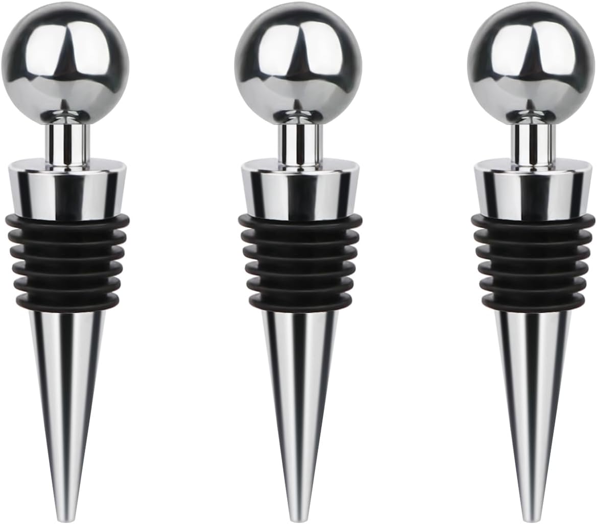 3 Pcs Wine Stopper Bottle Stopper Wine Saver, Yimerlen Silicone Vacuum Wine Bottle Corks, Reusable Wine Stopper Used for Bar, Holiday Party Keep Wine Fresh Suitable for Standard Bottle (Silver)