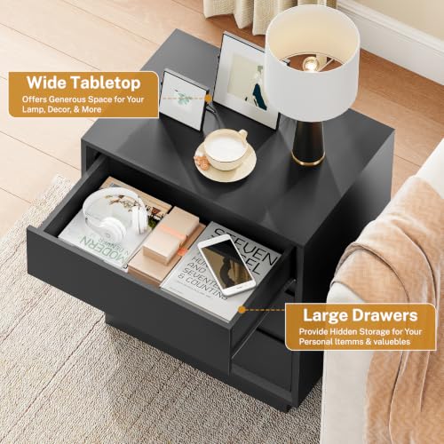 Image of TEENFON Nightstands Set of 2, Night Stand with 3 Drawers, Nightstand Side Table with Cut-Out Handle, Bedside End Table for Bedroom, Black, 17.7″ L x 15.7″ W x 23.6″ H