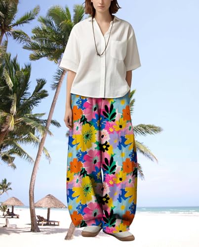 Womens Baggy Pants Floral Print Wide Leg Trousers Casual Elastic Waist Lantern Pant with Pockets for 2025 Summer2