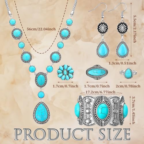 Image of Ecally Bohemian Western Jewelry Turquoise Set Women Country Pendant Long Choker Layered Bracelets Earrings Ring for Women