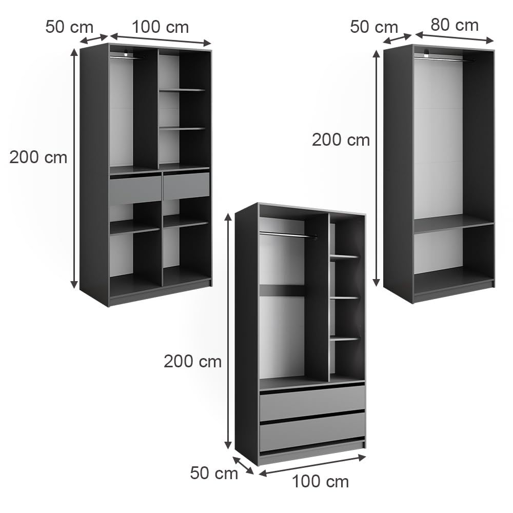 Vicco Armadio multifunzione Elmo, Antracite, 280 x 200 cm Set di 3, per una conservazione flessibile di diversi capi di abbigliamento