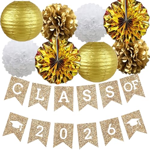 Image of Gold Graduation Party Decoration Class Banner Hanging Pom Poms Flowers High School College Grad Supplies