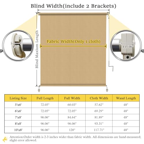 Image of 7' W x 8' H Cordless Outdoor Roller Shades, Wheat | 90% UV Block, Patio Roll Up Outdoor Blinds, 2 Poles & 1 Fabric, Exterior Sun Shade Cloth For Porch, Gazebo, Balcony, Pergola