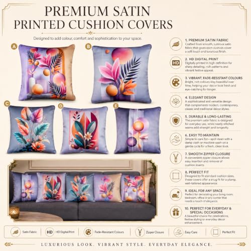 Image of Decorative Printed Satin Cushion Covers Set of 5, 24 Inch x 24 Inch, Sofa Cushion Pillow Cover, Lavender, Pink, Peach, Floral and Abstract Design, Zipper Closure (Flora Vista, 24X24 Inches)