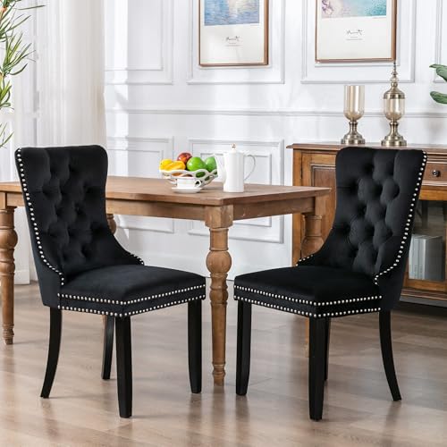 Image of Virabit Velvet Dining Chairs, Tufted Upholstered Dining Chairs with Nailhead Back and Ring Pull Trim, Solid Wood Dining Chairs for Kitchen /Bedroom /Dining Room (Black, Set of 2)