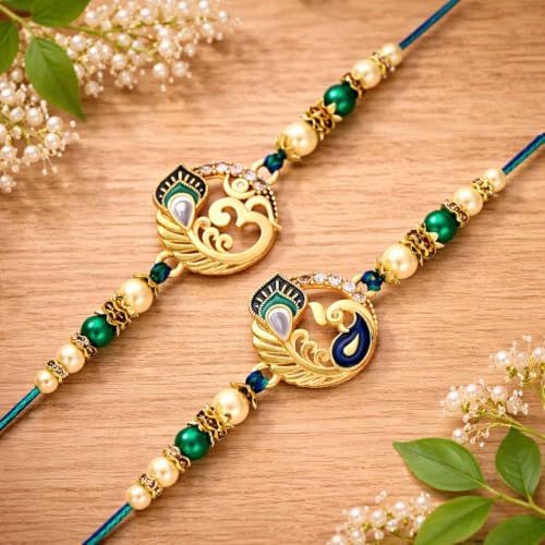 Image of Riddhika Ventures Glorious Gold Plated Religious Diamond Ring Rakhi || Traditional Rakhi Set of 2 & Festive Gift || Rakhi Gift Combo for Brother