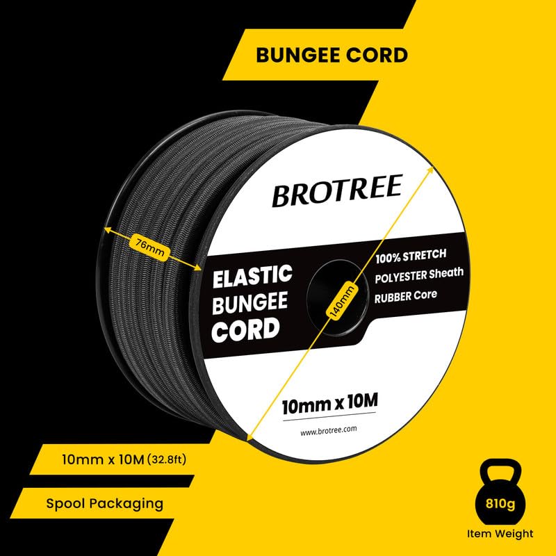 Brotree Bungee Cord Elastic Shock Cord 10mm x 10m Bungee Rope Heavy Duty for Trailer Tarpaulin, Tent Pole, Kayak and Backpack - Black - Image 2