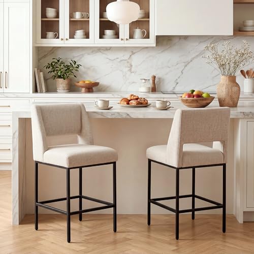 Image of Zesthouse Upholstered Counter Height Stools Set of 2, Linen Fabric Bar Stools with Backs, 26 inch Modern Counter Height Chairs for Kitchen Island, Luxury Metal Barstools with Extra Thick Cushion, Beige