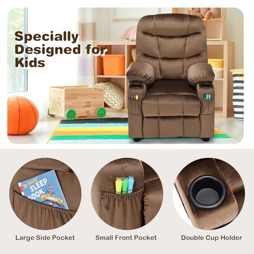 Image of Kids Recliner, Velvet Fabric Kids Recliner Chair w / 2 Cup Holders