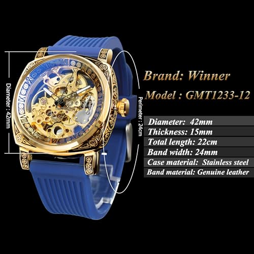 Image of FORSINING Fancy Watches for Men, Square Retro Mechanical Watch Self-Wind Carved, Gear Movement Golden Skeleton Automatic Watches Vintage Leather Strap Wrist Watch