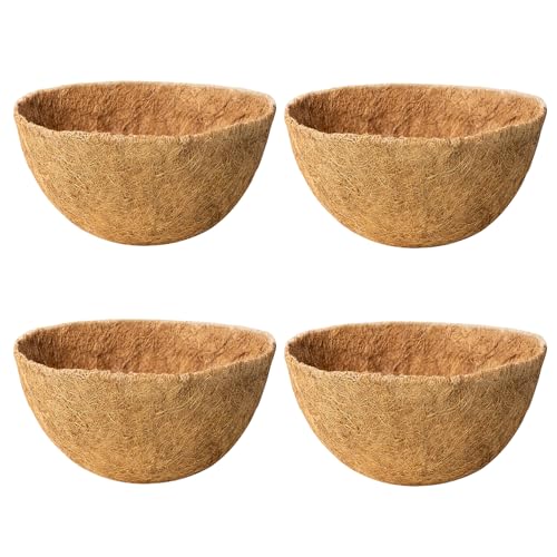 JINYICOCO 4 Pack 12 Inch Coco Liners for Hanging Baskets Coconut Husk Plant Liners 100% Natural Round Coco Coir Liner for Hanging Basket Flowers