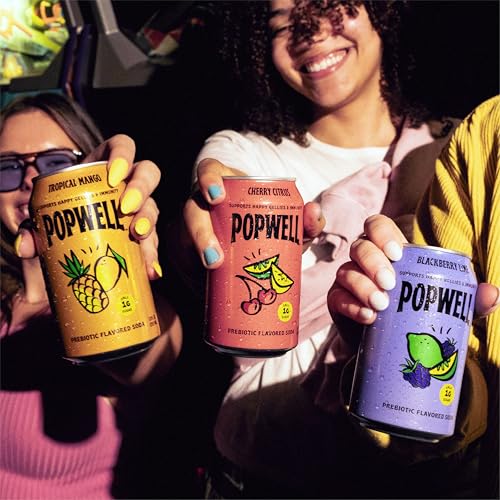 Image of Popwell Variety Pack Better-For-You Prebiotic Soda, with 6g Fiber, 1g Sugar, Vitamins and Immunity Support, 12 fl oz, 12 count (Blackberry Lime, Cherry Citrus, Tropical Mango)