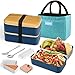 HOLIPOT Bento Box, Lunchbox Brotdose mit Fächern 2 Ebenen mit 2 Stück Umweltfreundlichen PP & Edelstahlbehältern, mit Gabel-Löffel-Teilern Tragetasche,für Kinder und Erwachsene