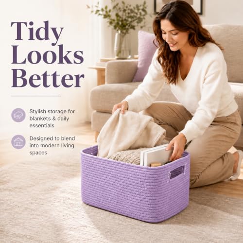 Image of 25.4GAL Collapsible Cotton Rope Extra Large Storage Basket For Bedroom Closet, Boho Rectangular Big Short Hamper Woven Storage Baskets for Living Room Throw Pillows Blankets Dirty Clothes, Lavender