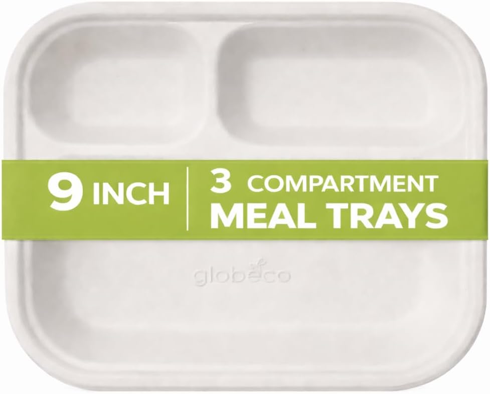 Mattrix Global Square Disposable Plates Large, Sturdy & Compostable Sugarcane Bagasse Heat-Safe, Perfect for Parties, Events & Buffets (3 Compartment, 25, Count)