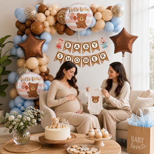 Image of Rozi Decoration Baby Shower Decoration Kit for Boy Girl, 58 Pcs Balloon Set with Teddy Bear Moon Foil Balloons, Baby Shower Banner for Welcome Prince Party Decoration
