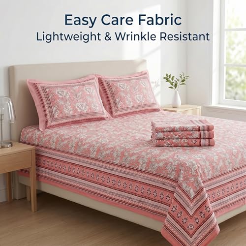 Image of Mafatlal 144 TC Pure 100% Cotton Double Bed Sheet with 2 Pillow Covers | 90 x 108 inches | Bedcover for Queen Size Bed, Jaipuri Prints | Peach Nude