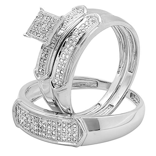 Dazzlingrock Collection 0.30 Carat (ctw) Round White Diamond Men & Women's Micro Pave Trio Bridal Wedding Set 1/3 CT, Sterling Silver2