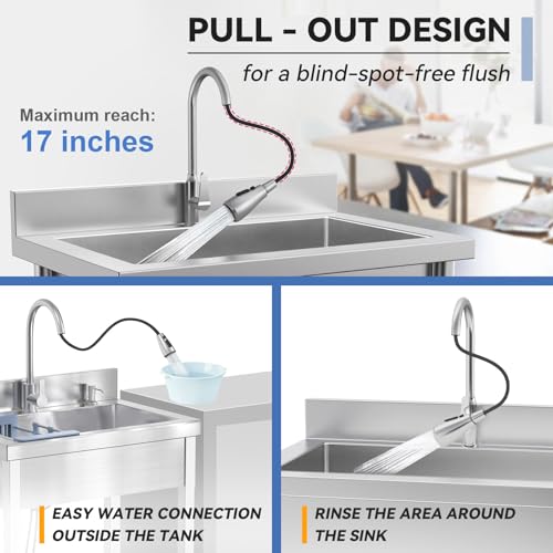 Image of Freestanding Stainless Steel Utility Sink with Retractable Cold and Hot Water Faucet,Hoses and Drain Kit for Kitchens, Bathrooms, Garage, Laundry Room