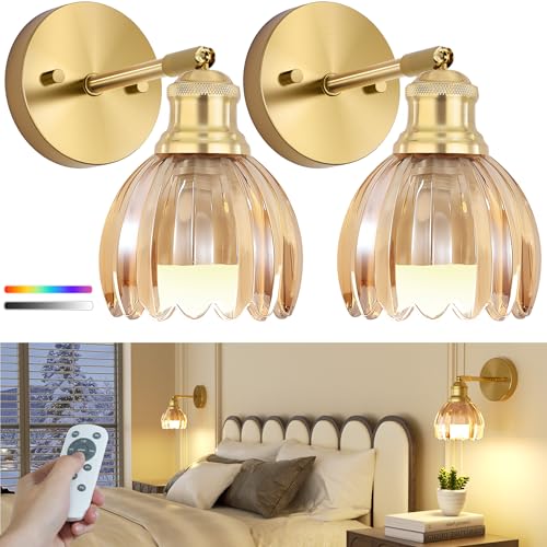 Image of VOLISUN Vintage Battery Operated Wall Sconces, with Amber Tulip Glass Lampshade, Wireless Wall Sconces Set of Two, Rechargeable Battery Powered Wall Lights, Sconces Wall Decor for Bedroom Living Room