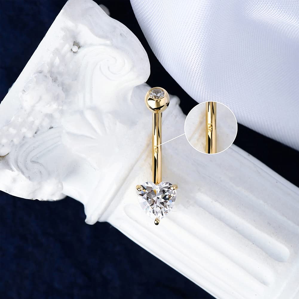 OUFER 14K Gold Heart Solitaire Cubic Zirconia Belly Button Rings Navel Bars Body Piercing Jewellery Valentine's Day Gifts in 14Gauge for Women